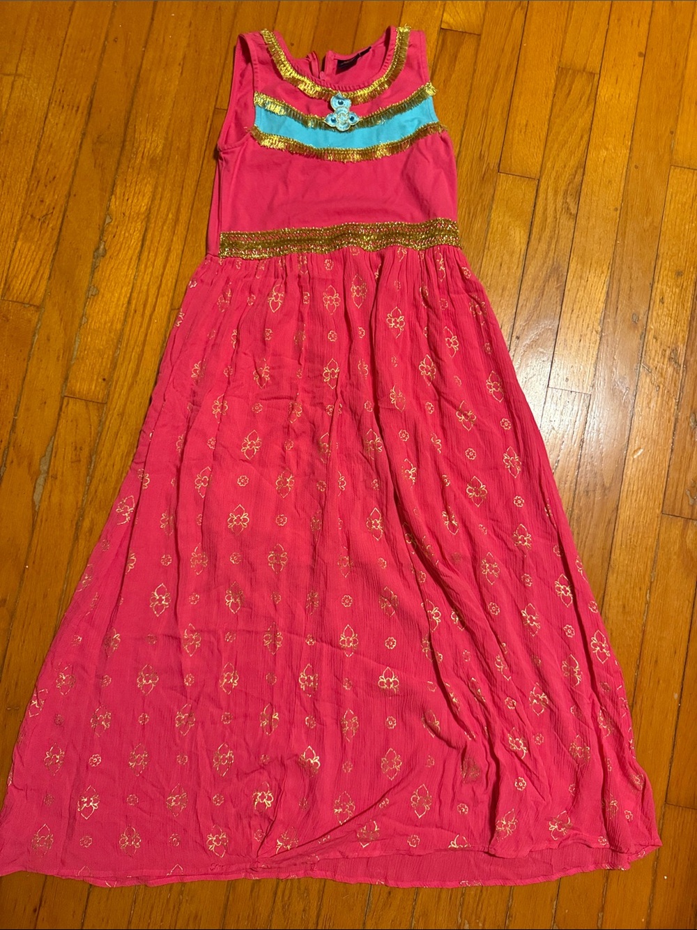 Fuchsia Gold-Trim Maxi Dress with Teal Accent size large 10-12 girls